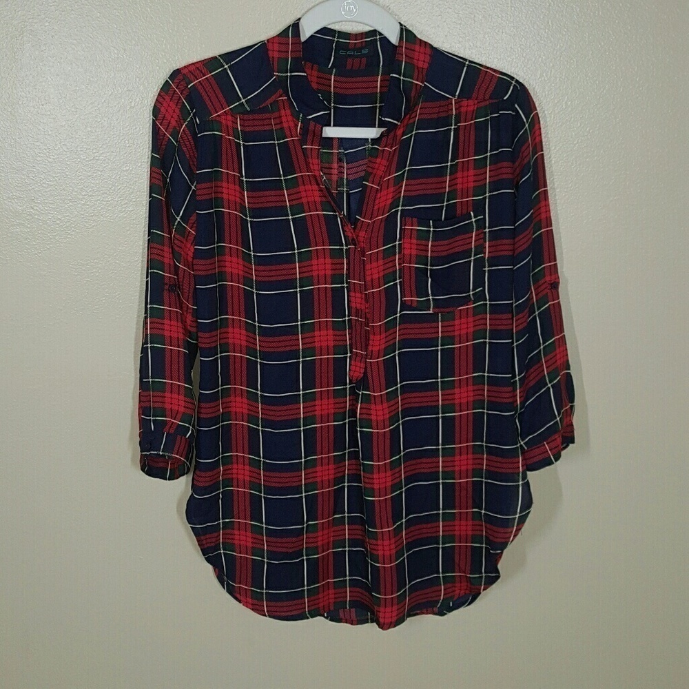 Cals Plaid 3/4 Sleeve Popover Shirt Small